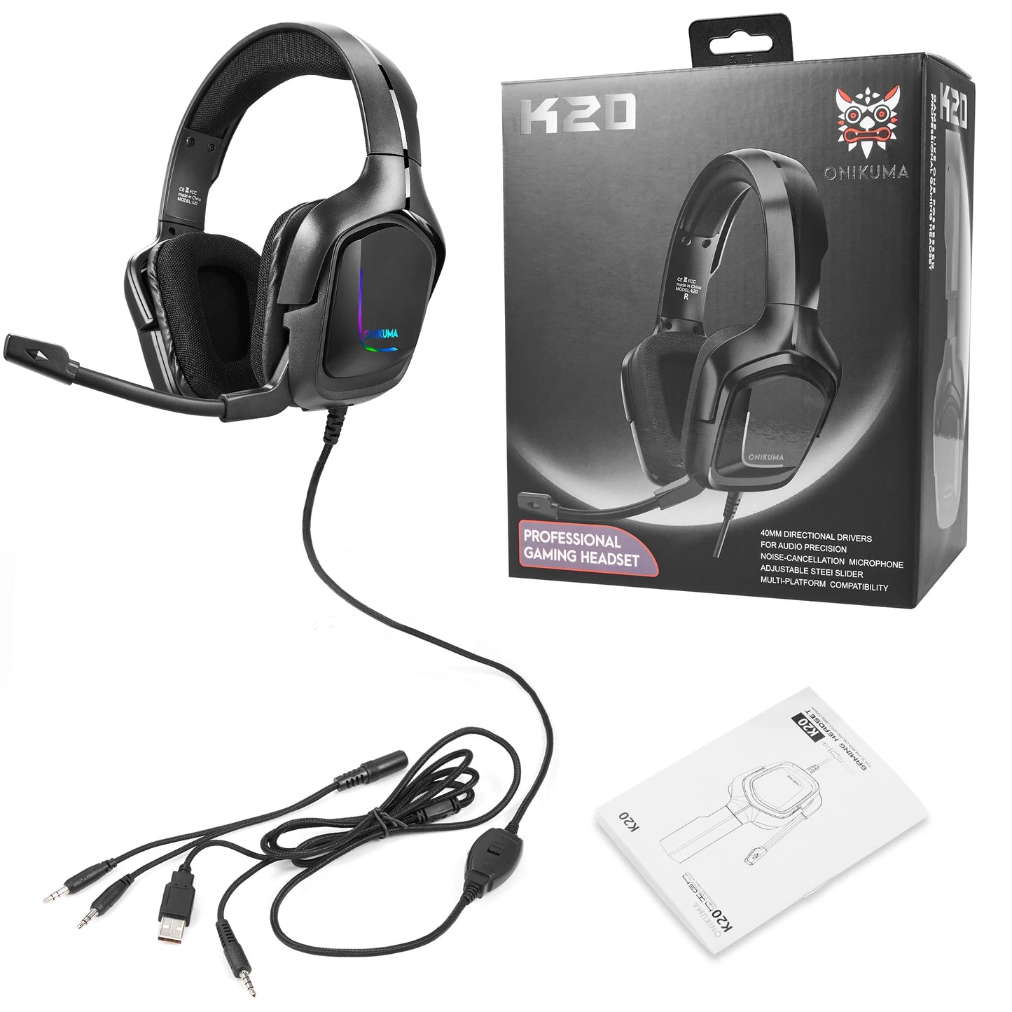 Casque Gamer Filaire K20 – Micro, Éclairage RVB et Anti-Bruit pour Xbox One & PS4