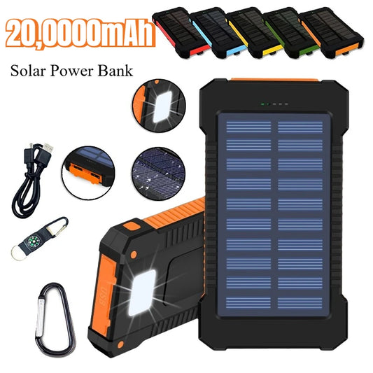 200000mAh Solar Power Bank External Battery Portable Charger Waterproof Powerbank W/ SOS Flashlight for IPhone Xiaomi Huawei