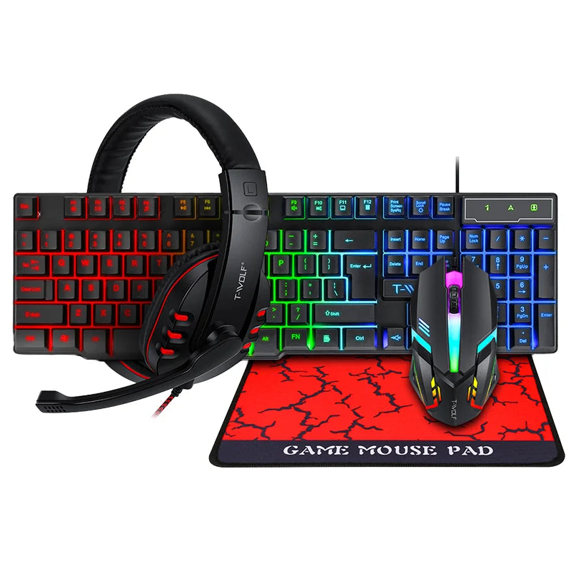 Ensemble Gamer 4 en 1 – Clavier Sans Fil RVB, Souris, Tapis et Casque Tout-en-Un