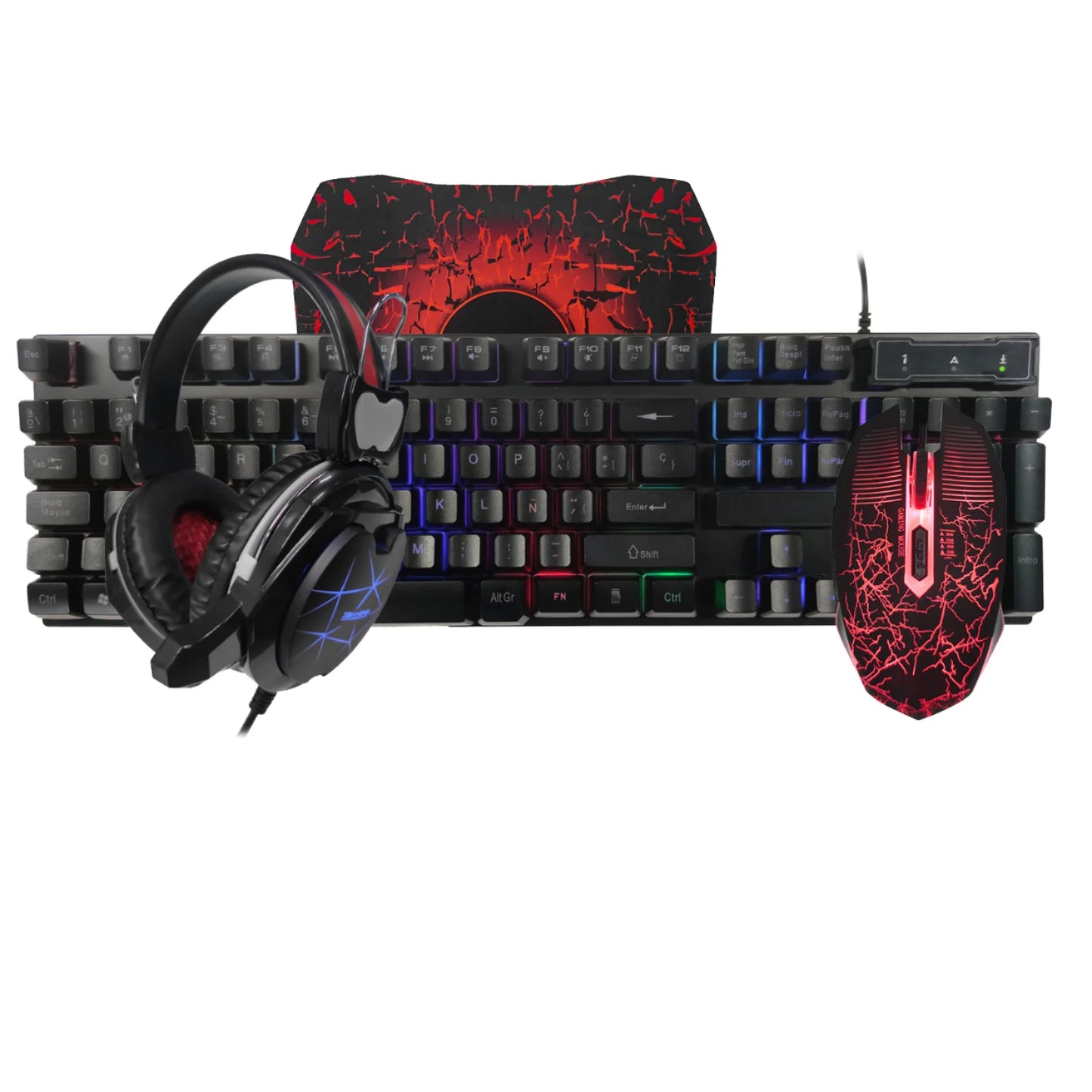 Ensemble Gamer 4 en 1 – Clavier Sans Fil RVB, Souris, Tapis et Casque Tout-en-Un