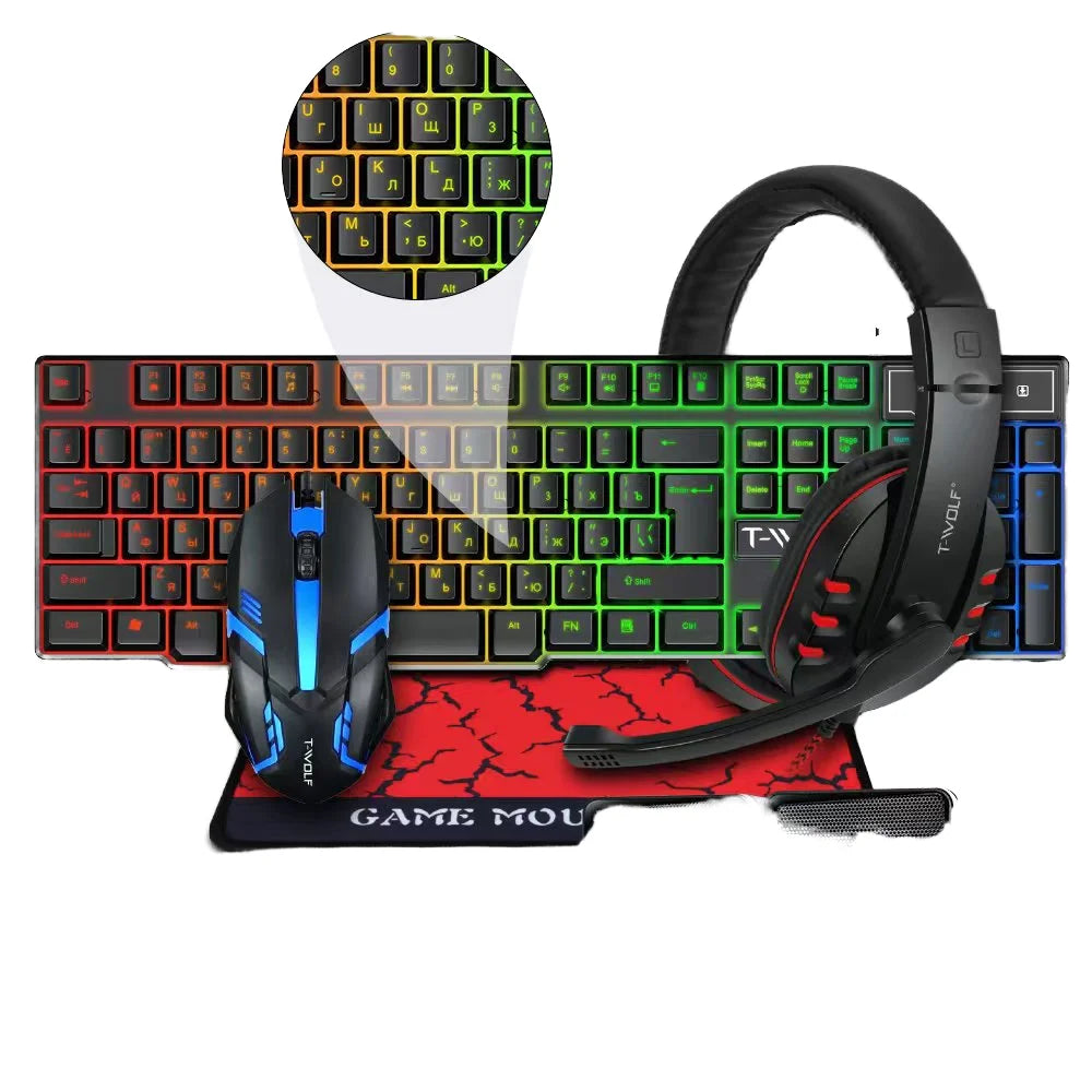 Ensemble Gamer 4 en 1 – Clavier Sans Fil RVB, Souris, Tapis et Casque Tout-en-Un