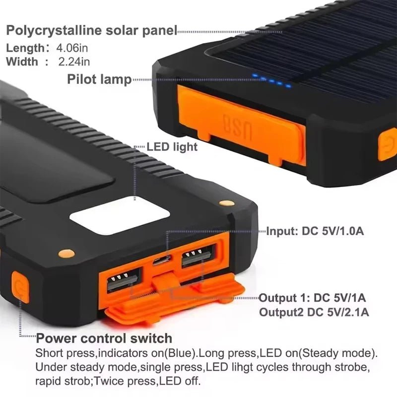 200000mAh Solar Power Bank External Battery Portable Charger Waterproof Powerbank W/ SOS Flashlight for IPhone Xiaomi Huawei