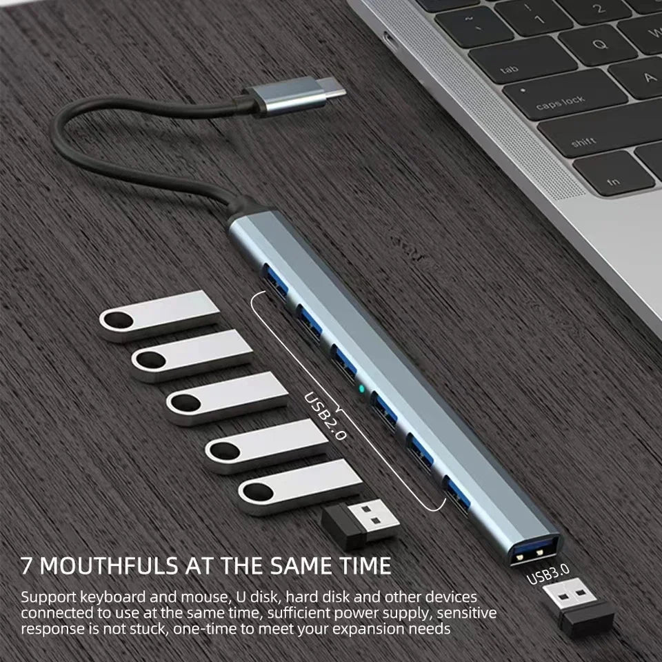 7 Ports USB 3.0 Type-C HUB Haute Vitesse – Adaptateur OTG et Station d’Accueil Multiport pour PC, Laptop, Disque Dur, Souris & Clavier