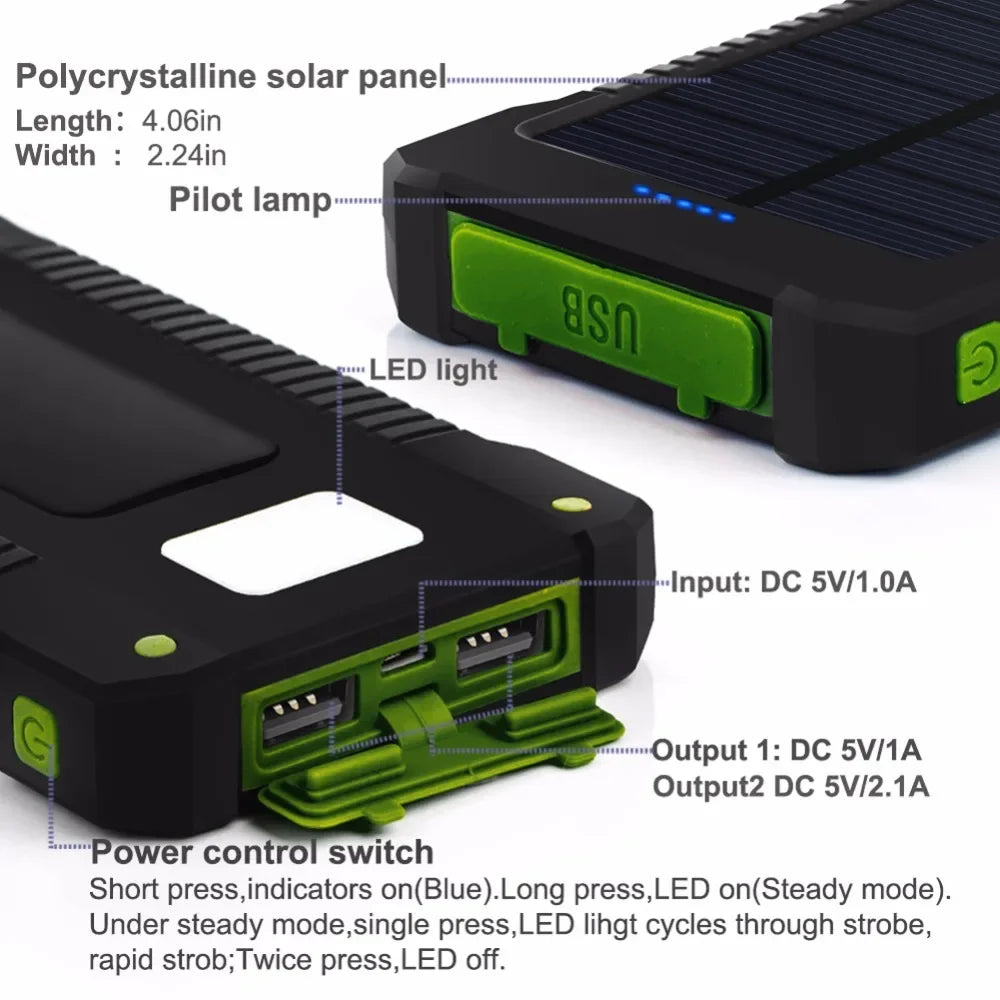 Powerbank Solaire 20000mAh, chargeur rapide avec lampe torche SOS, pour smartphone et Tablettes
