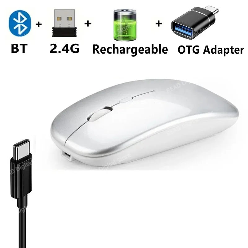 Souris sans fil Slim Bluetooth-compatible 2.4G Souris portable rechargeable/batterie sans fil pour ordinateur portable iPad