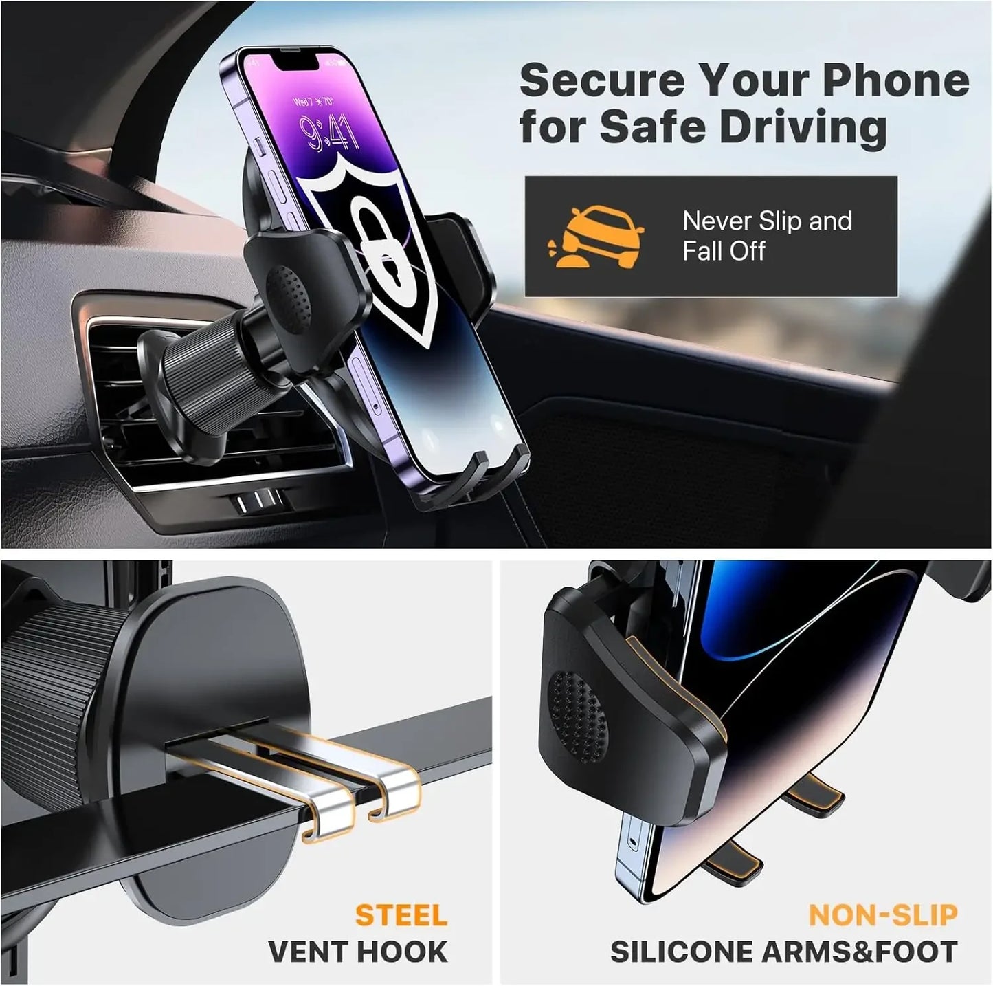 Support de téléphone voiture avec clip métallique – Fixation aération universelle pour iPhone, Samsung, Xiaomi