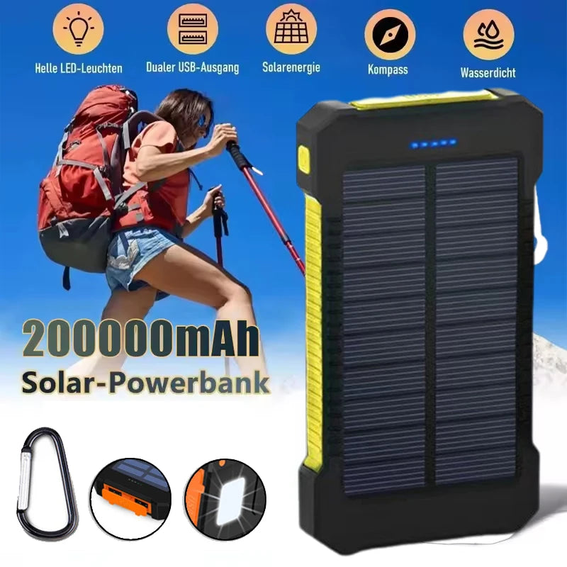 Power Bank Solaire 200000mAh – Batterie Externe Portable Étanche avec Lampe SOS – Compatible iPhone, Xiaomi, Huawei