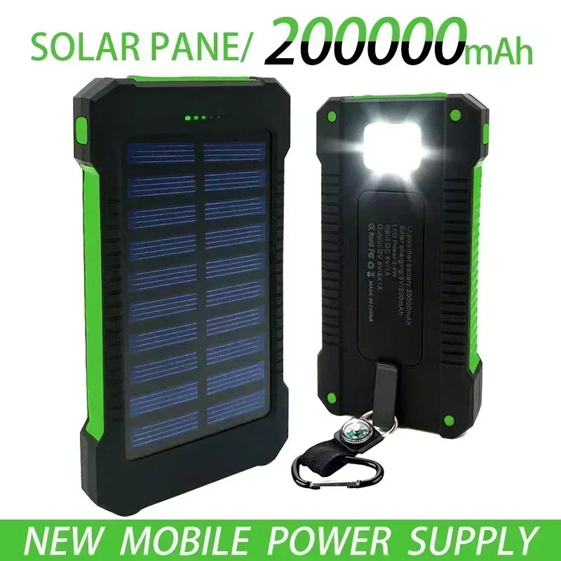 Power Bank Solaire 200000mAh – Batterie Externe Portable Étanche avec Lampe SOS – Compatible iPhone, Xiaomi, Huawei